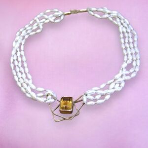 Handmade Natural Citrine Multi Strand Pearl Necklace Solid 14K Yellow Gold